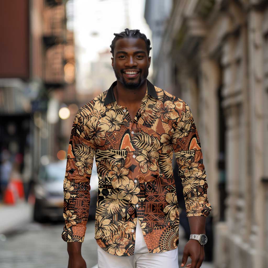 Afro Hibiscus Tropical Long Sleeve Button Shirt African Pattern - African Pride