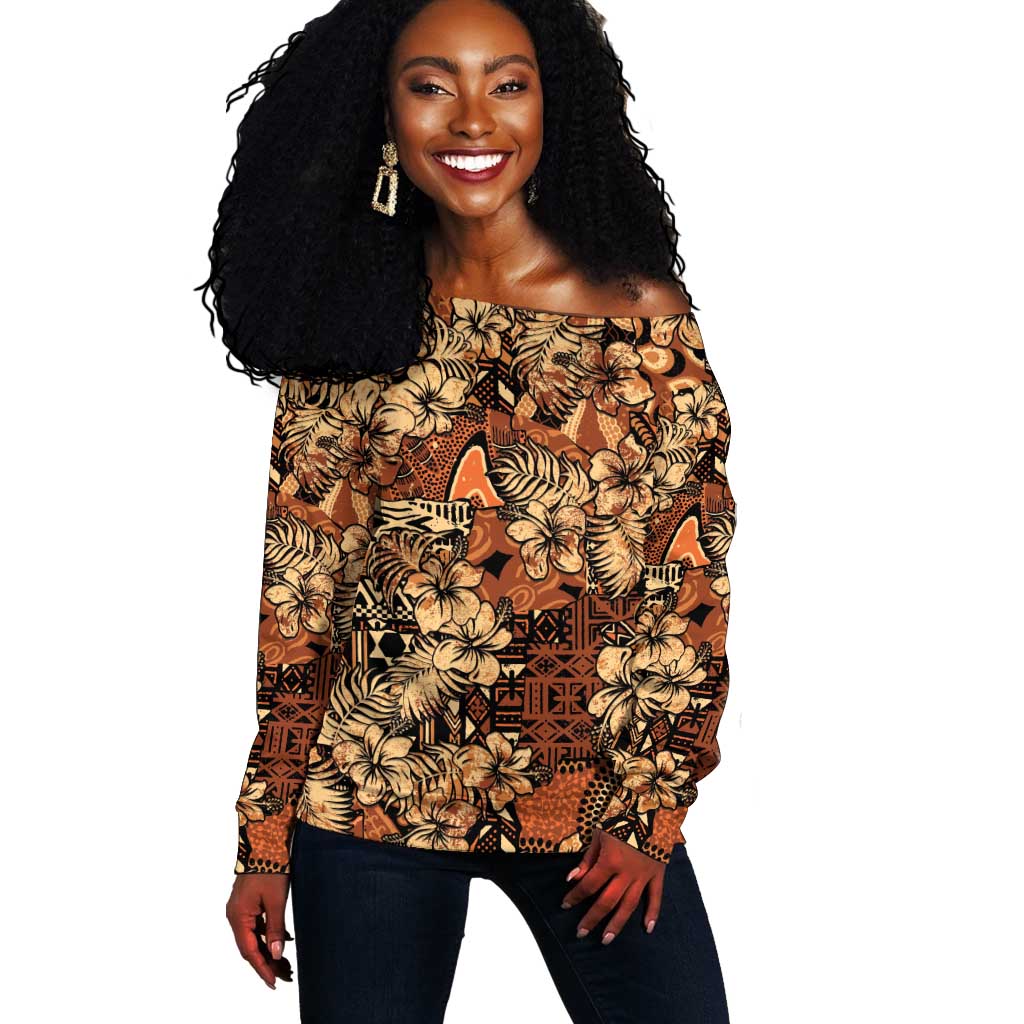 Afro Hibiscus Tropical Off Shoulder Sweater African Pattern - African Pride
