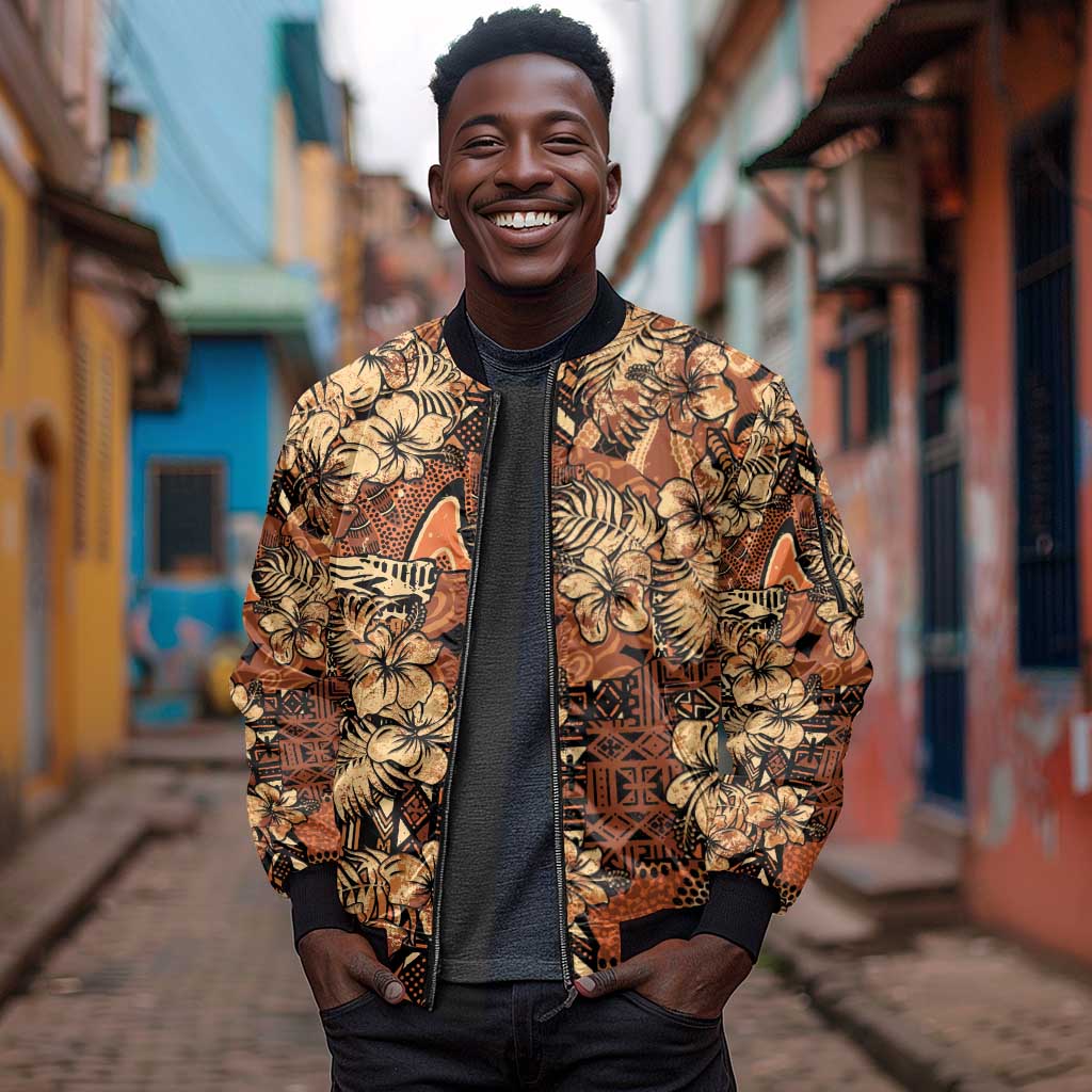 Afro Hibiscus Tropical Sleeve Zip Bomber Jacket African Pattern - African Pride