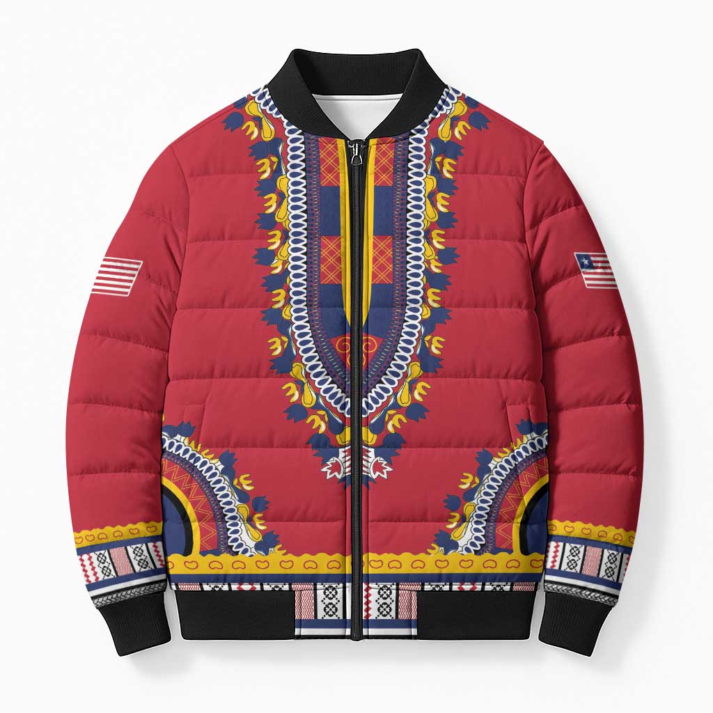 Personalized Liberia Dashiki Bomber Puffer Jacket Red Color