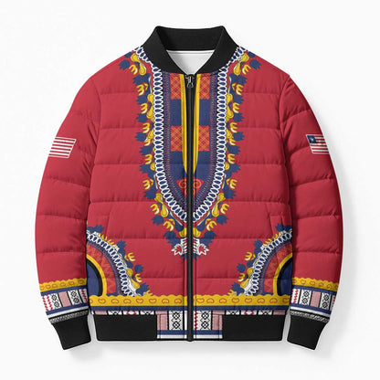 Personalized Liberia Dashiki Bomber Puffer Jacket Red Color