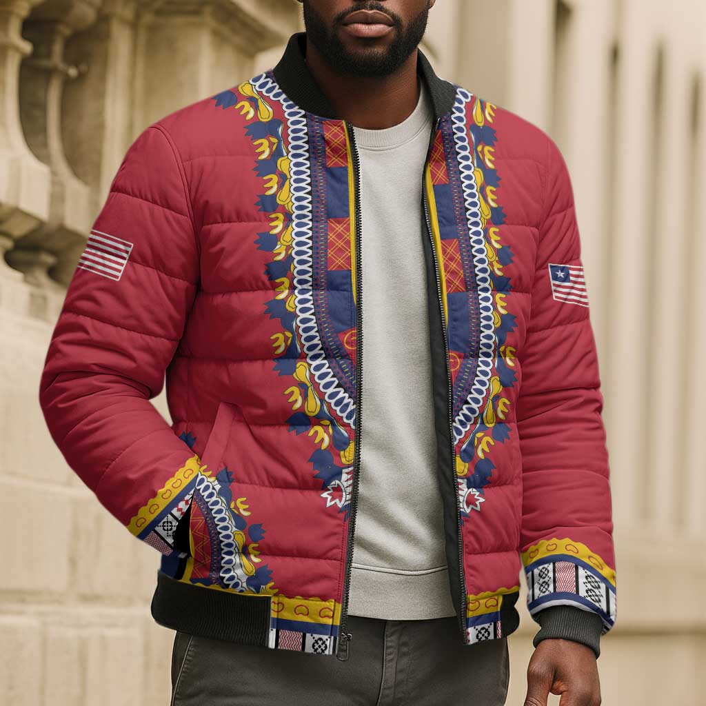 Personalized Liberia Dashiki Bomber Puffer Jacket Red Color