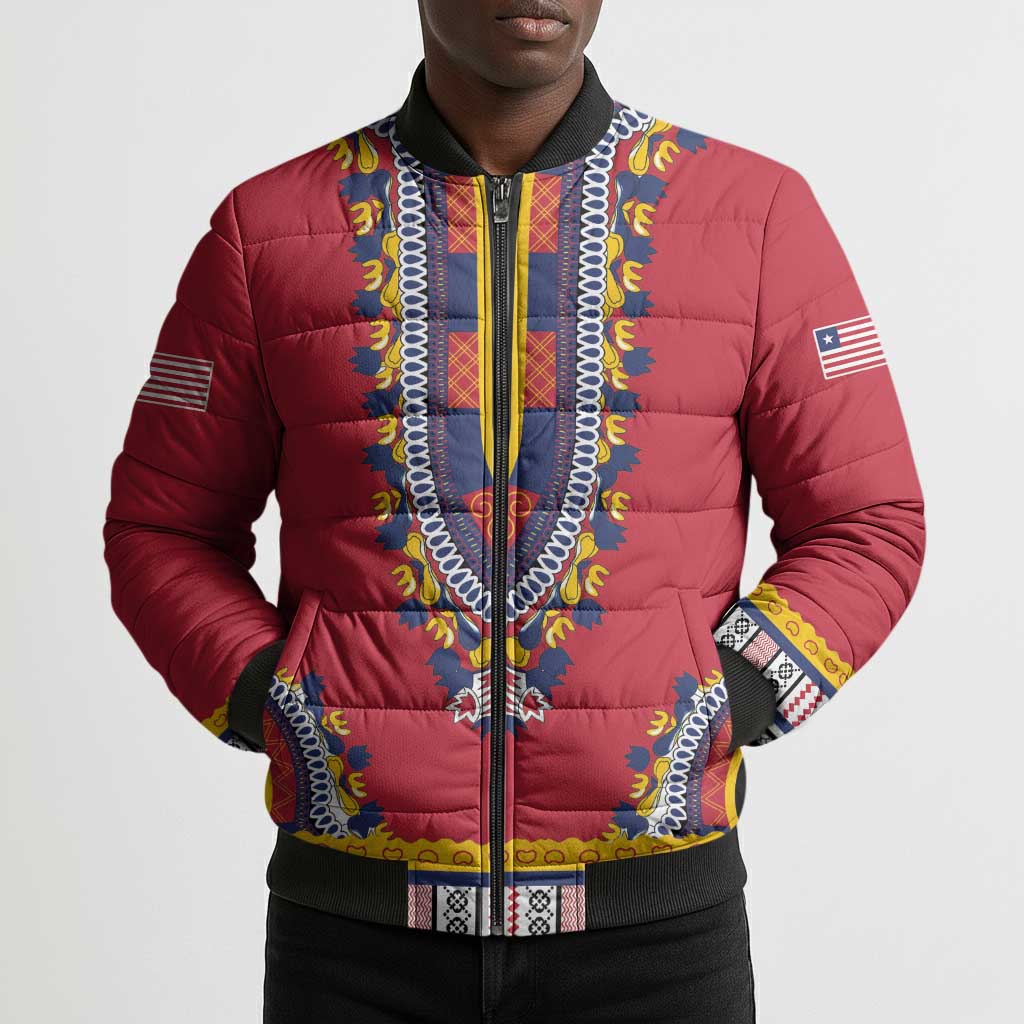 Personalized Liberia Dashiki Bomber Puffer Jacket Red Color