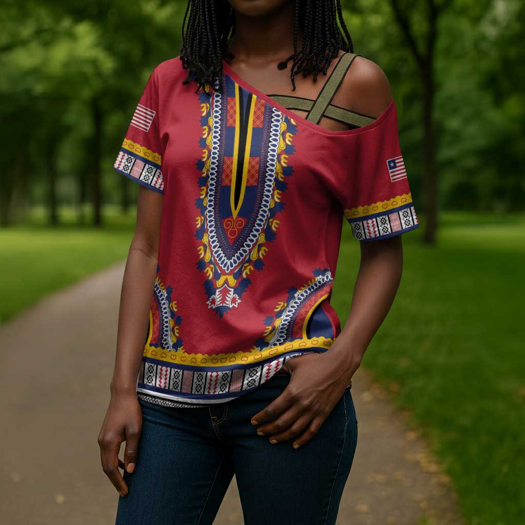 Personalized Liberia Dashiki Cross Shoulder Shirt Red Color