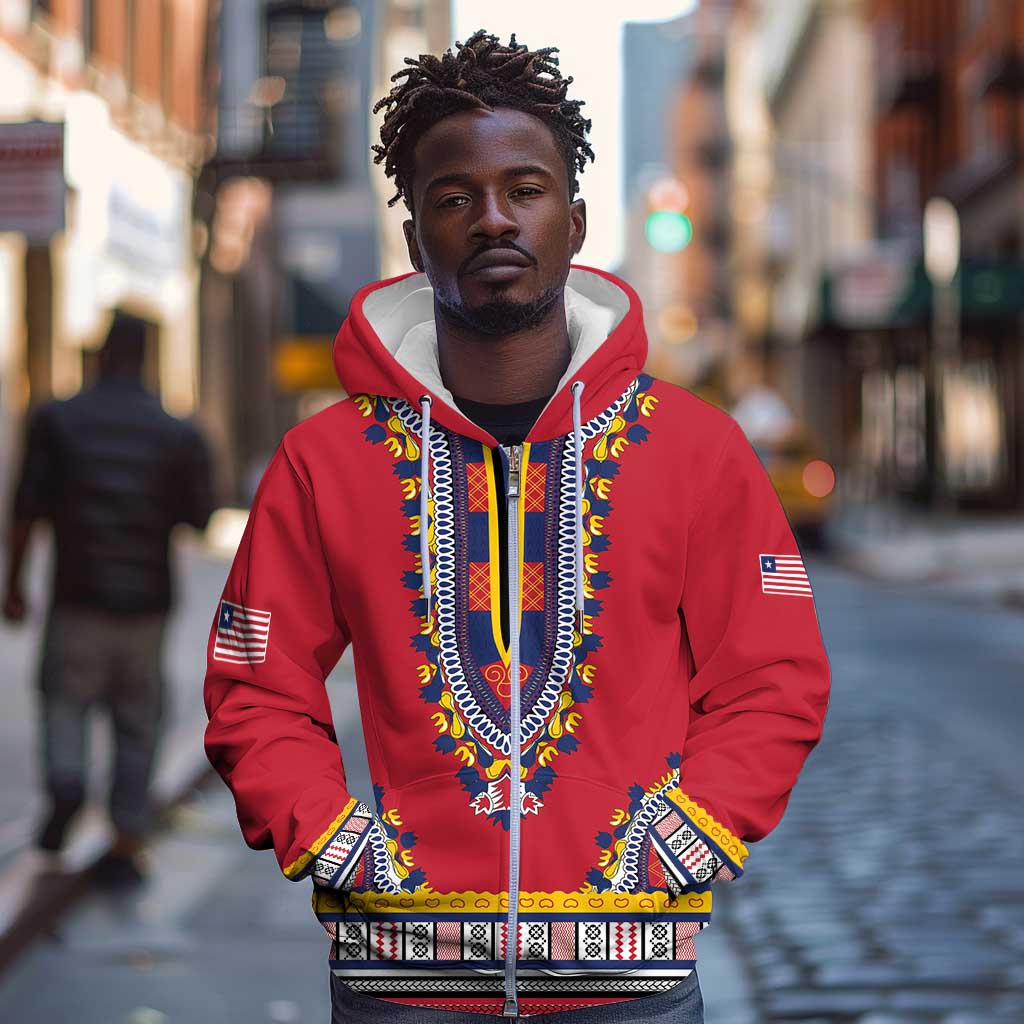 Personalized Liberia Red Dashiki Zip Hoodie - African Pride