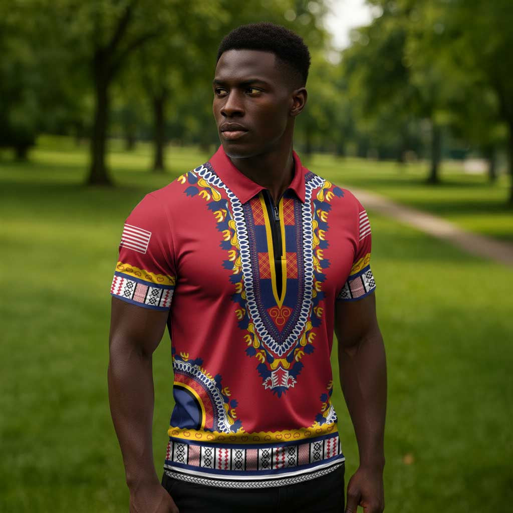 Personalized Liberia Dashiki Zipper Polo Shirt Red Color