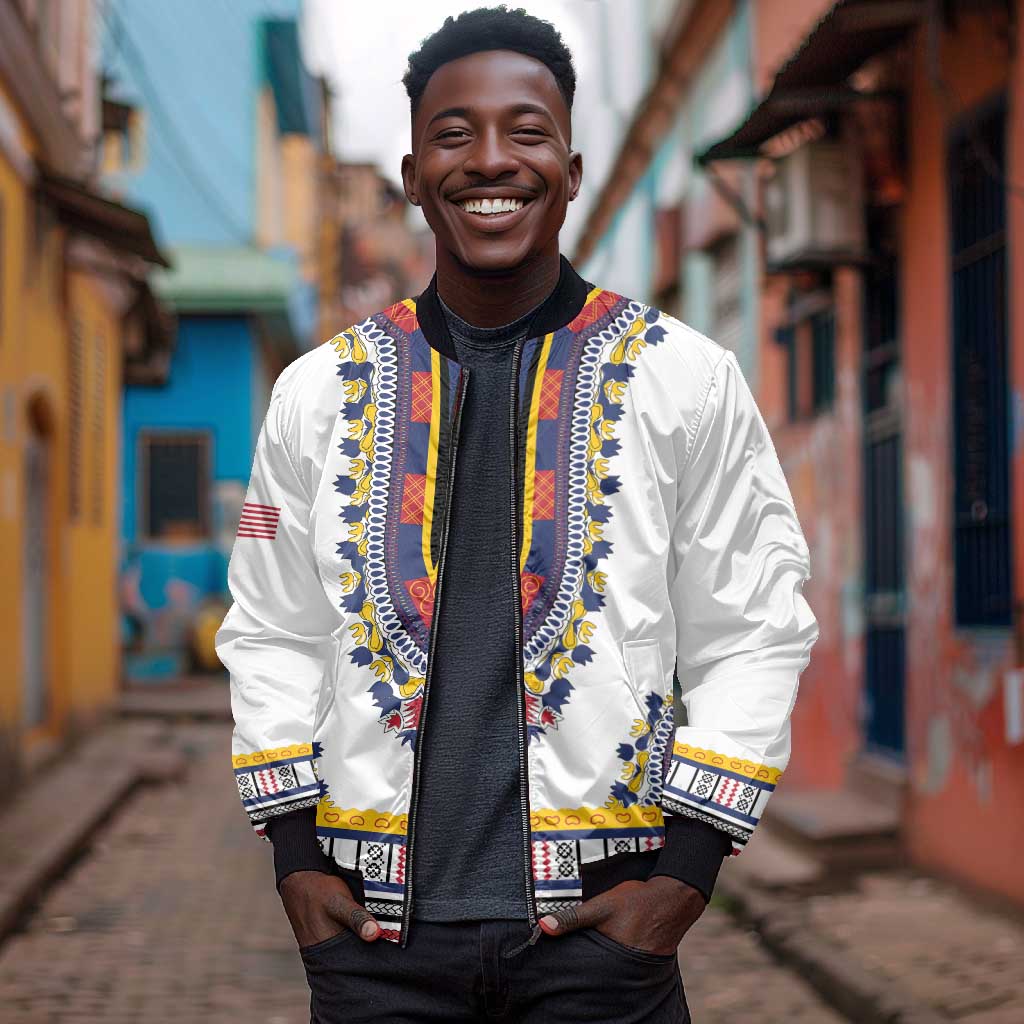 Personalized Liberia White Dashiki Bomber Jacket - African Pride
