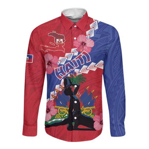 Haiti Neg Maron Long Sleeve Button Shirt Coat Of Arms - Hisbicus Polynesian