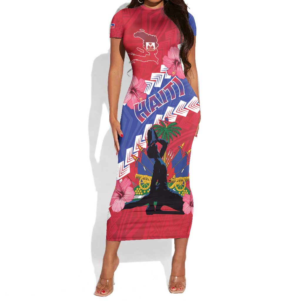 Haiti Neg Maron Short Sleeve Bodycon Dress Coat Of Arms - Hisbicus Polynesian LT15