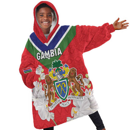 Personalized Gambia Kid Wearable Blanket Hoodie Coat Of Arms - African Pattern