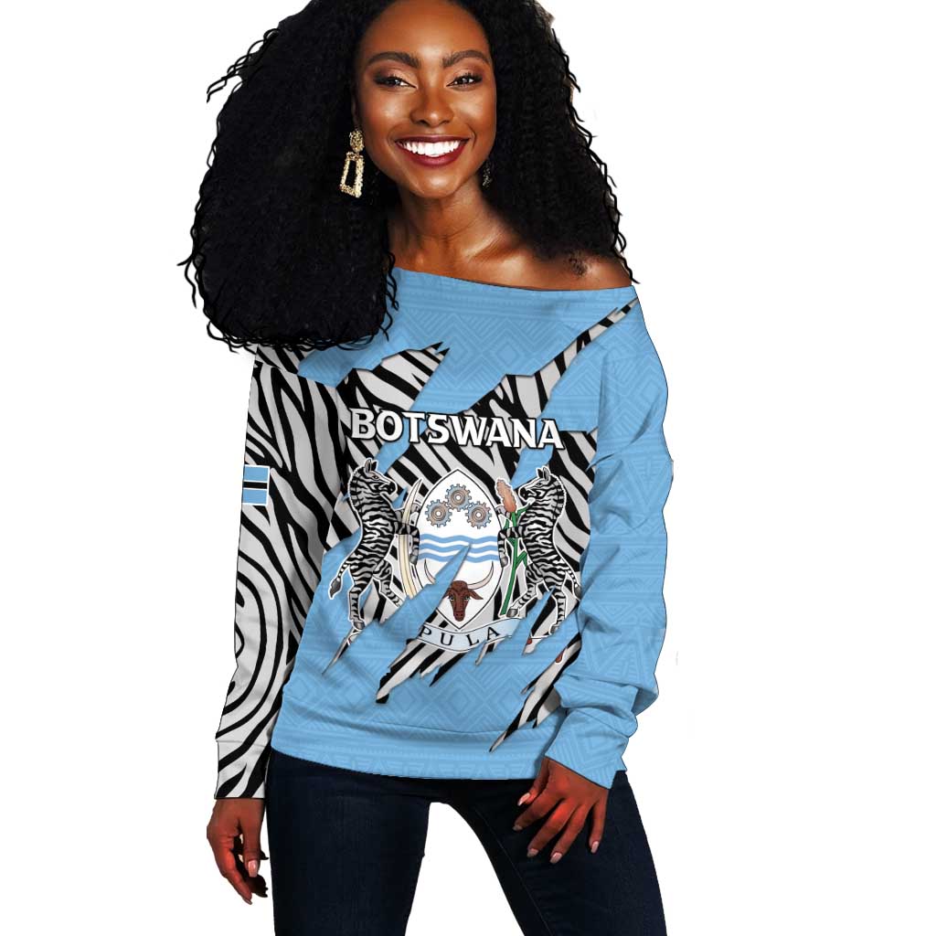 Personalized Lefatshe la Botswana Off Shoulder Sweater Coat Of Arms - African and Zebra Patterns