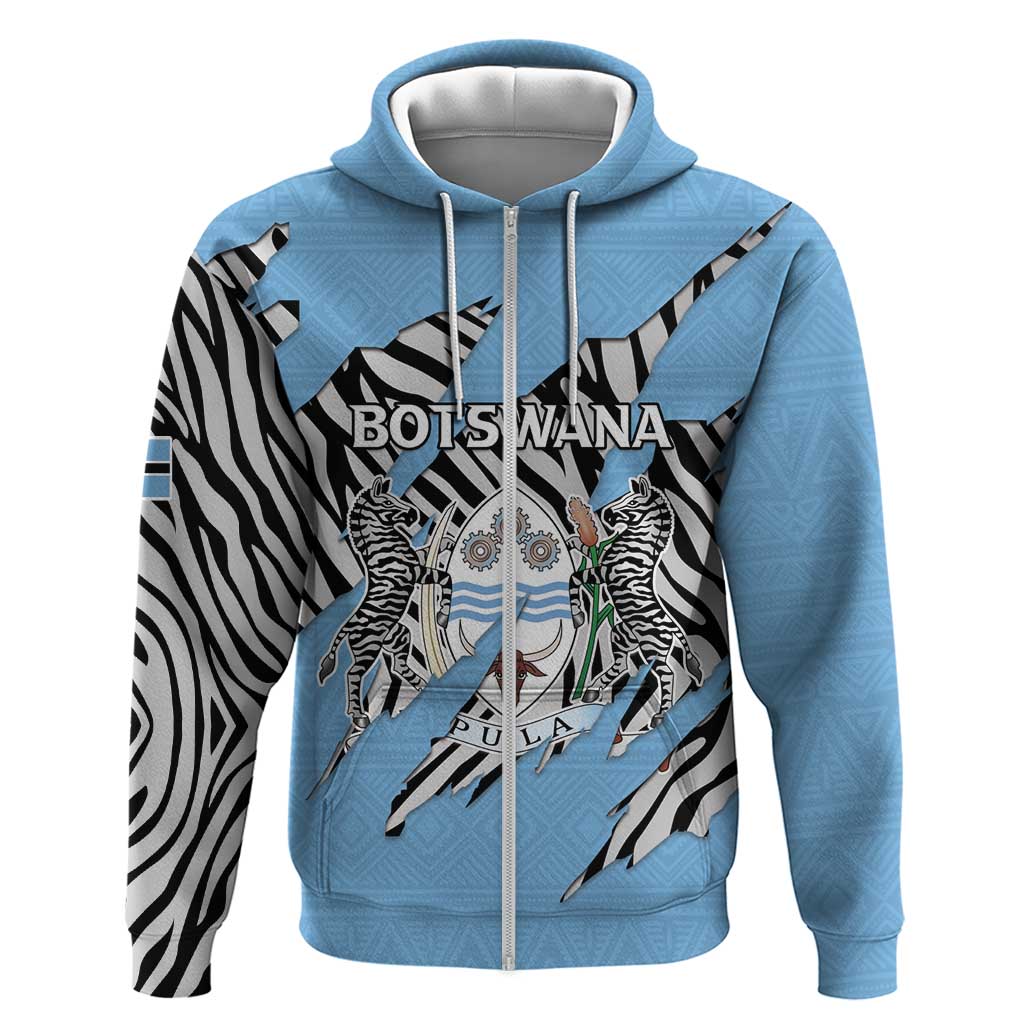 Personalized Lefatshe la Botswana Zip Hoodie Coat Of Arms - African and Zebra Patterns
