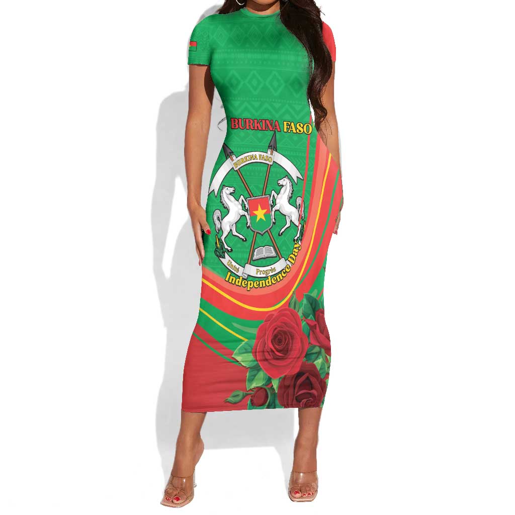 Personalised Burkina Faso Independence Day Short Sleeve Bodycon Dress Coat Of Arms African Pattern