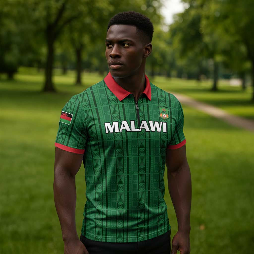 Custom Malawi Football Zipper Polo Shirt Come On Flames - Green
