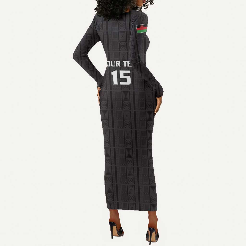 Custom Malawi Football Long Sleeve Bodycon Dress Go Champions - Black - African Pride