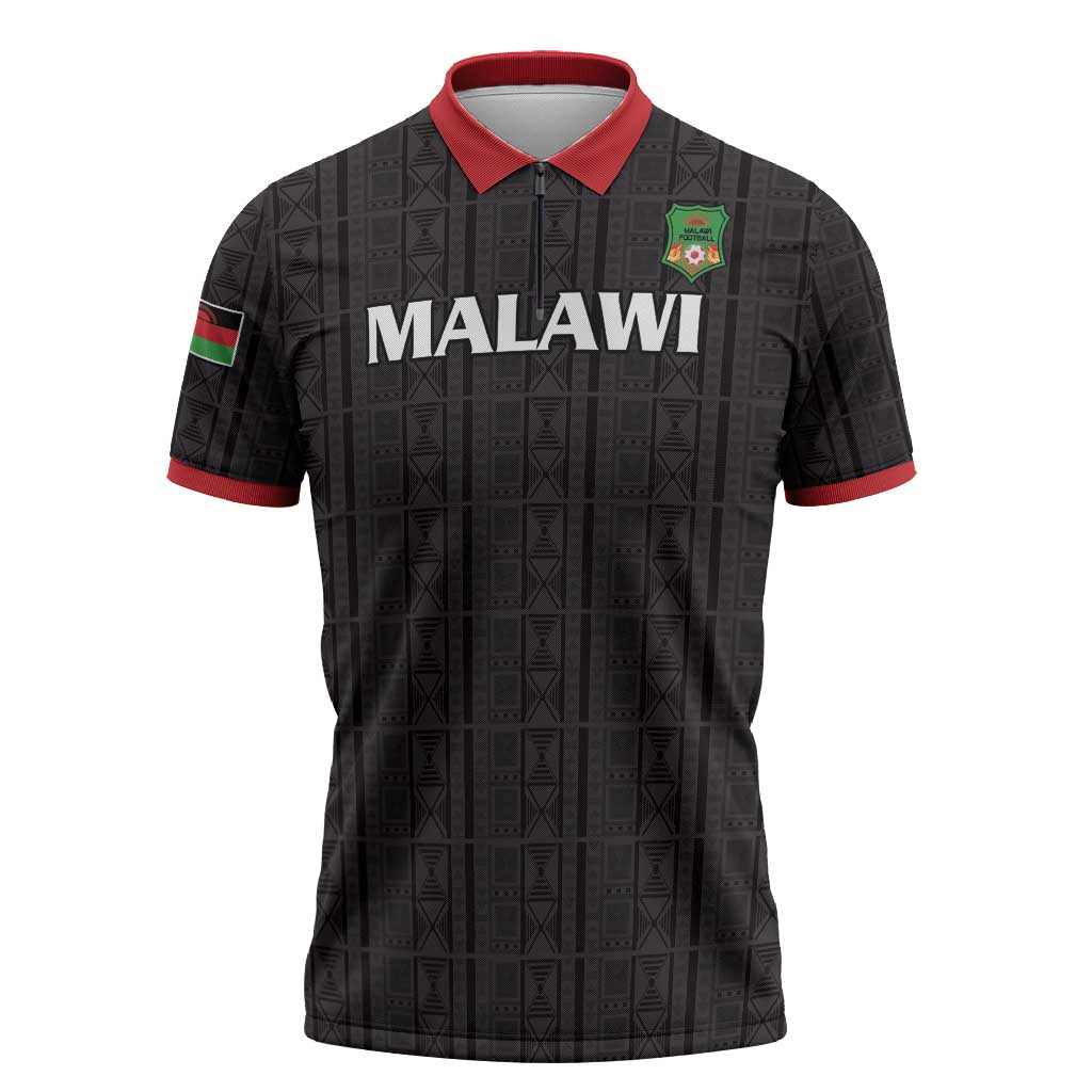 Custom Malawi Football Zipper Polo Shirt Come On Flames - Black