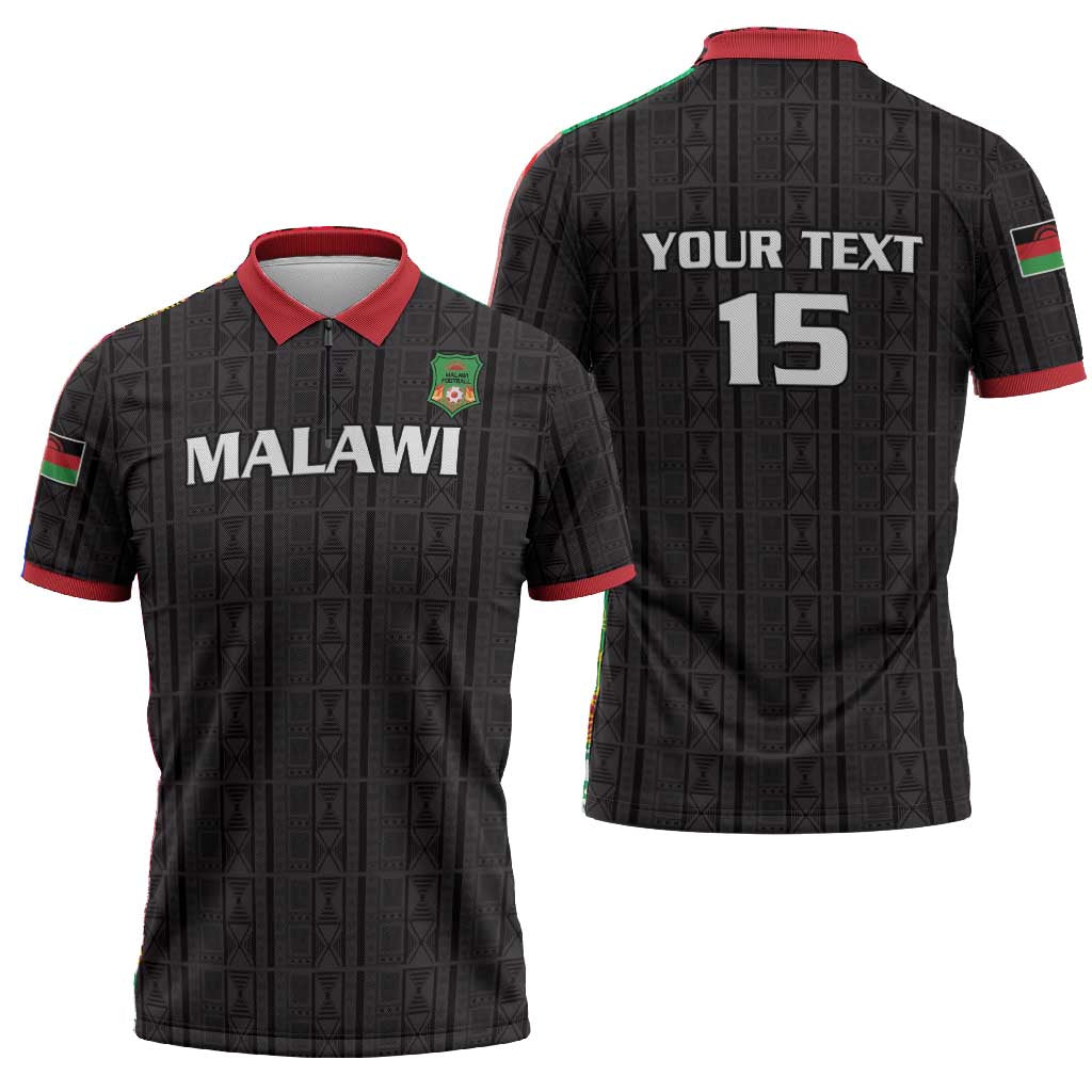 Custom Malawi Football Zipper Polo Shirt Come On Flames - Black