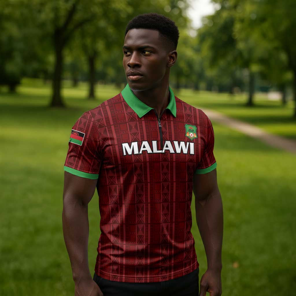 Custom Malawi Football Zipper Polo Shirt Come On Flames - Red