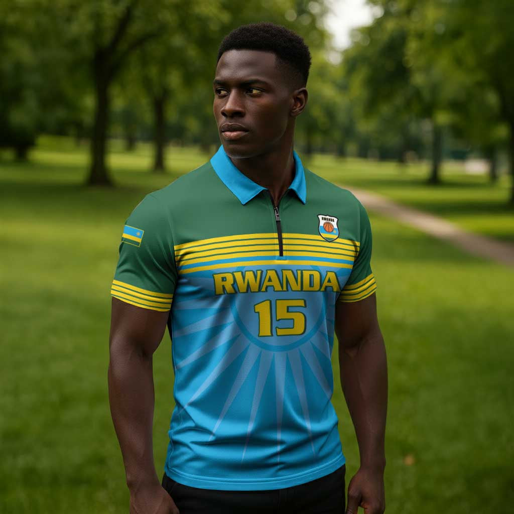 Custom Rwanda Basketball Zipper Polo Shirt Go Champions