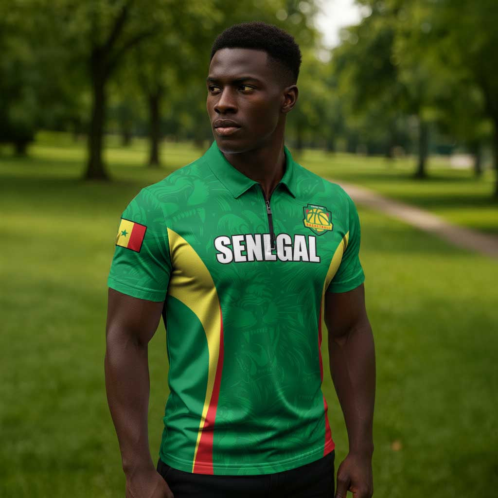 Custom Senegal Basketball Zipper Polo Shirt Go Champions Lions