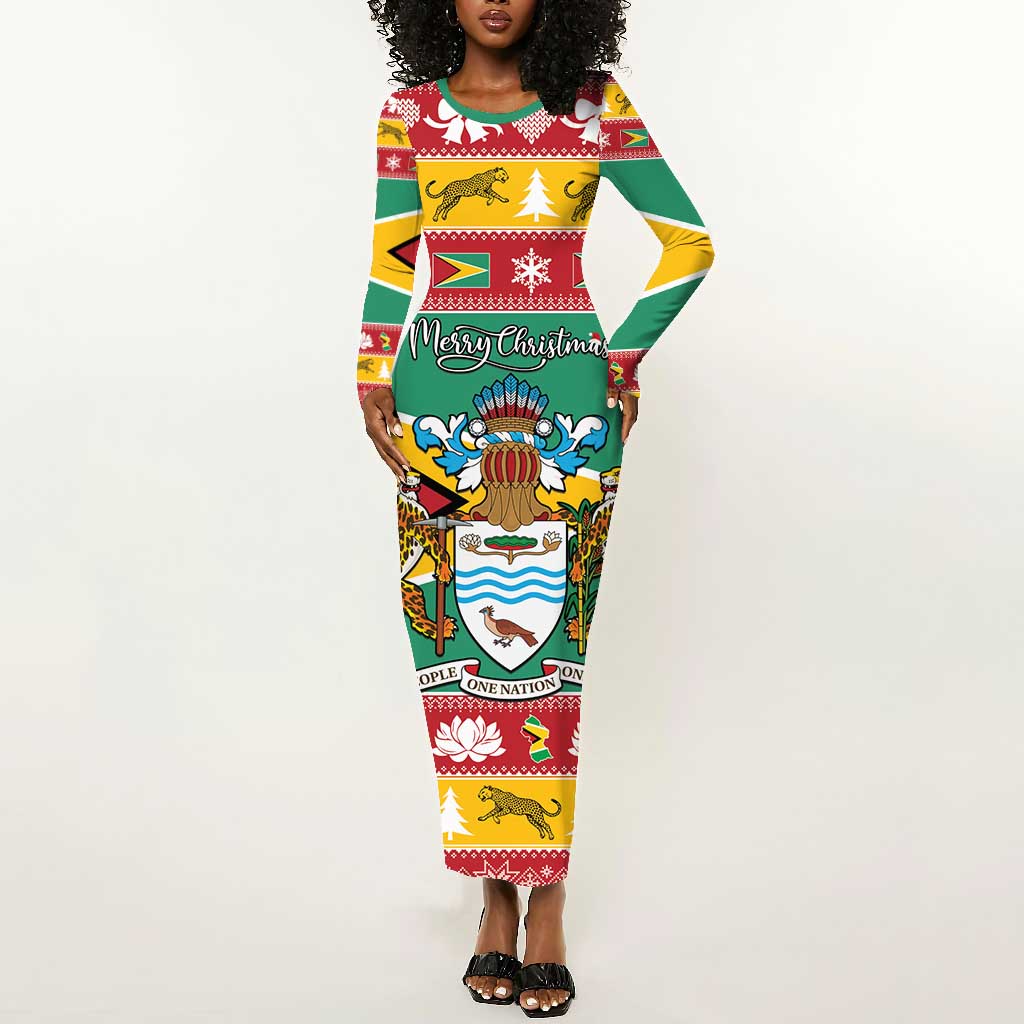 Afro Guyana Christmas Long Sleeve Bodycon Dress Mix Coat Of Arms LT15
