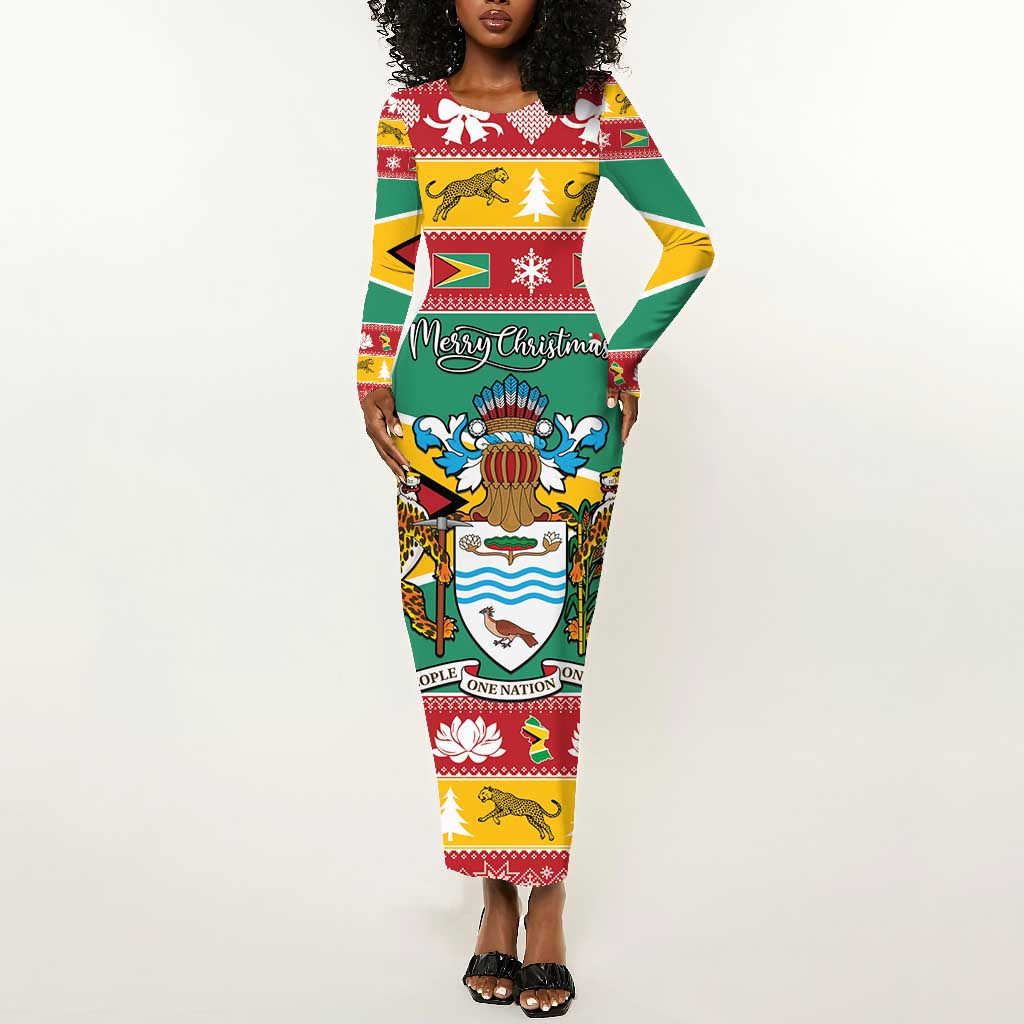 Afro Guyana Christmas Long Sleeve Bodycon Dress Mix Coat Of Arms