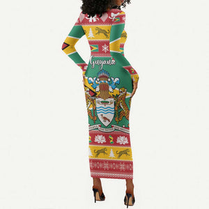 Afro Guyana Christmas Long Sleeve Bodycon Dress Mix Coat Of Arms