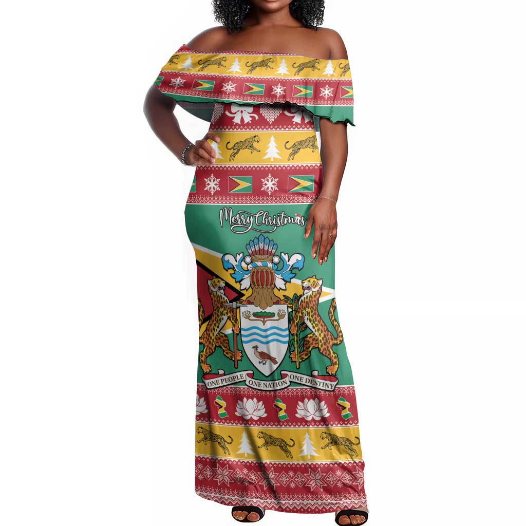 Afro Guyana Christmas Off Shoulder Maxi Dress Mix Coat Of Arms