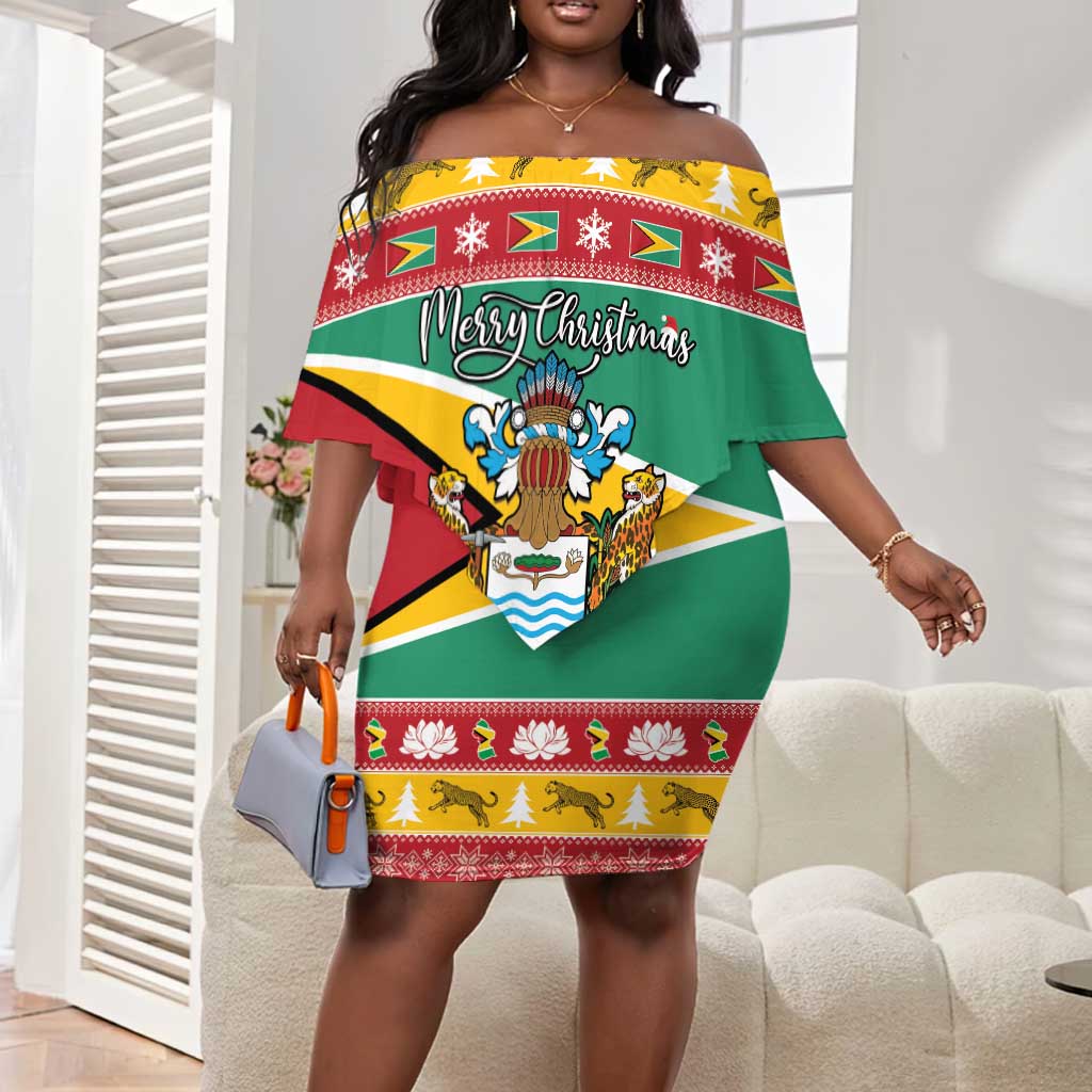 Afro Guyana Christmas Off Shoulder Short Dress Mix Coat Of Arms