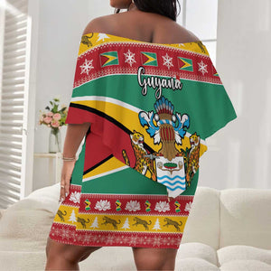 Afro Guyana Christmas Off Shoulder Short Dress Mix Coat Of Arms