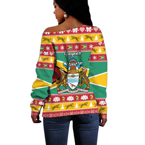 Afro Guyana Christmas Off Shoulder Sweater Mix Coat Of Arms