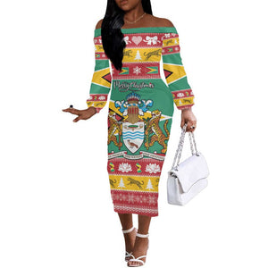 Afro Guyana Christmas Off The Shoulder Long Sleeve Dress Mix Coat Of Arms