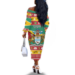 Afro Guyana Christmas Off The Shoulder Long Sleeve Dress Mix Coat Of Arms