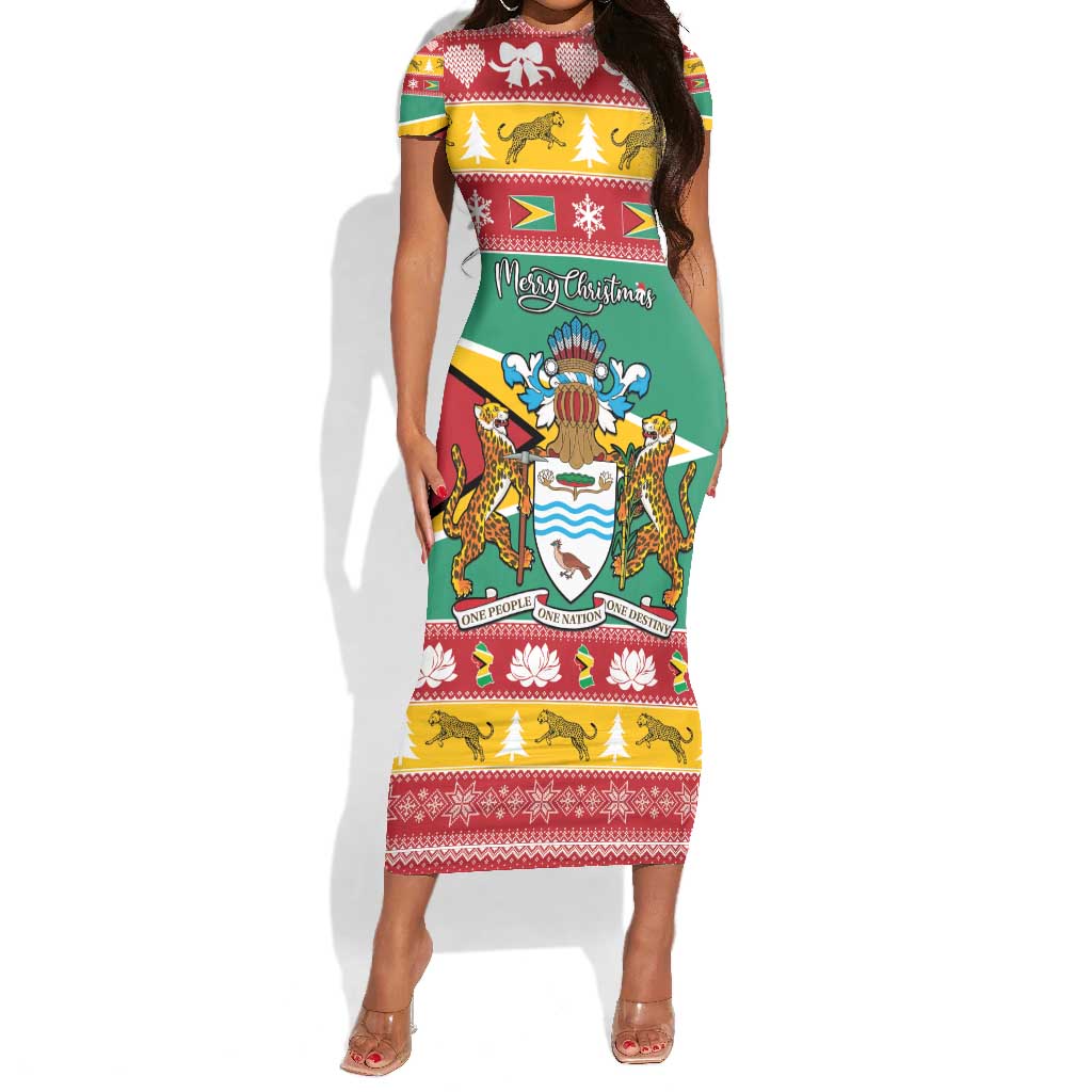 Afro Guyana Christmas Short Sleeve Bodycon Dress Mix Coat Of Arms