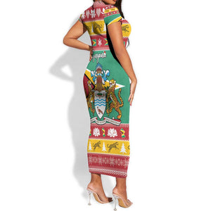 Afro Guyana Christmas Short Sleeve Bodycon Dress Mix Coat Of Arms