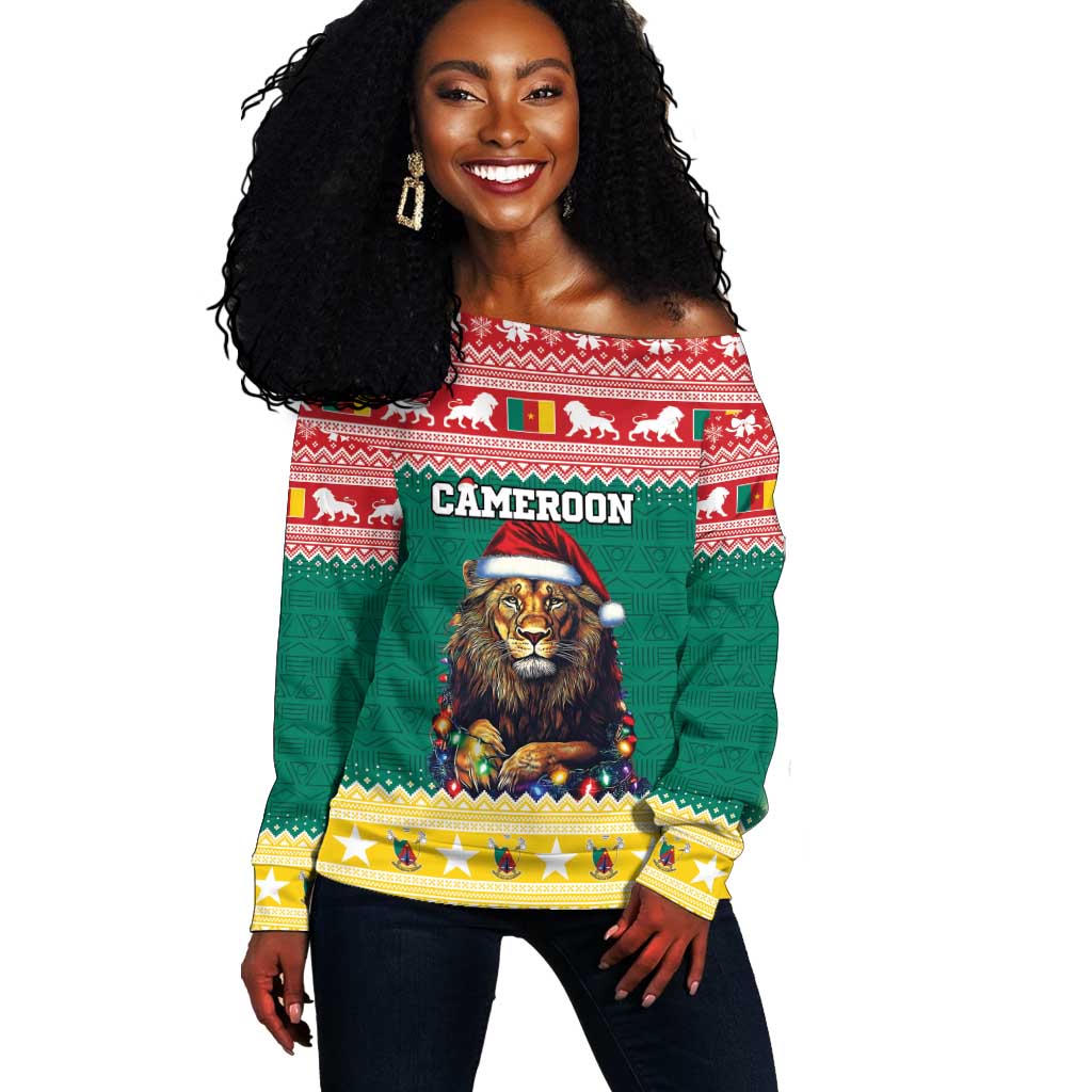 Cameroon Christmas Off Shoulder Sweater Lion African Santa