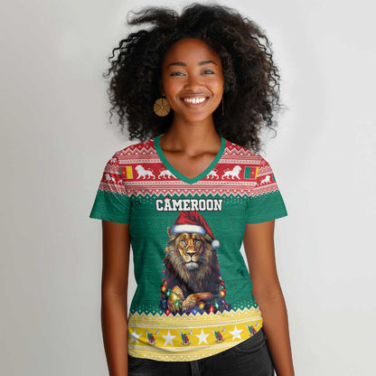 Cameroon Christmas Women V-Neck T-Shirt Lion African Santa