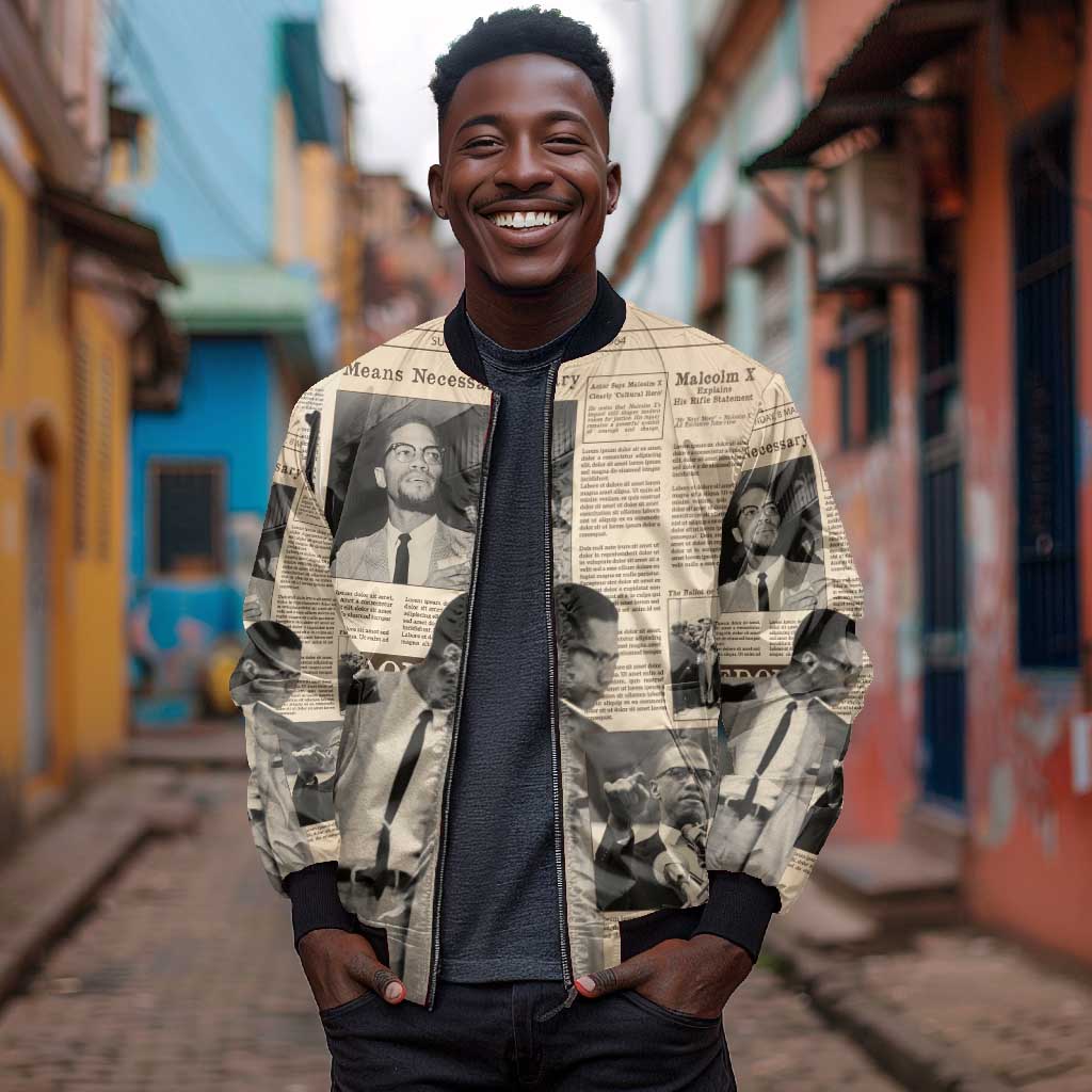 Malcolm X Vintage Newspaper Print Style Bomber Jacket - African Pride