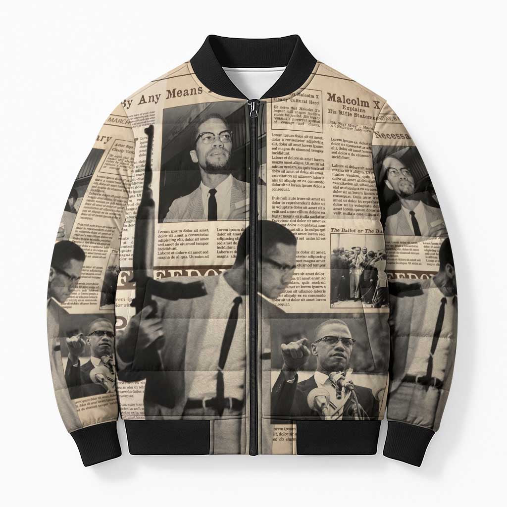 Malcolm X Bomber Puffer Jacket Vintage Newspaper Print Style