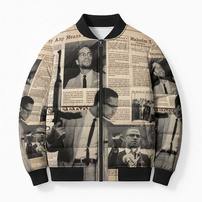 Malcolm X Bomber Puffer Jacket Vintage Newspaper Print Style
