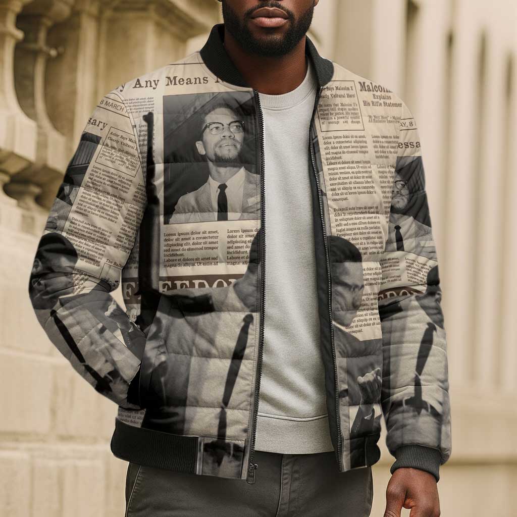 Malcolm X Bomber Puffer Jacket Vintage Newspaper Print Style