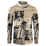 Malcolm X Button Sweatshirt Vintage Newspaper Print Style