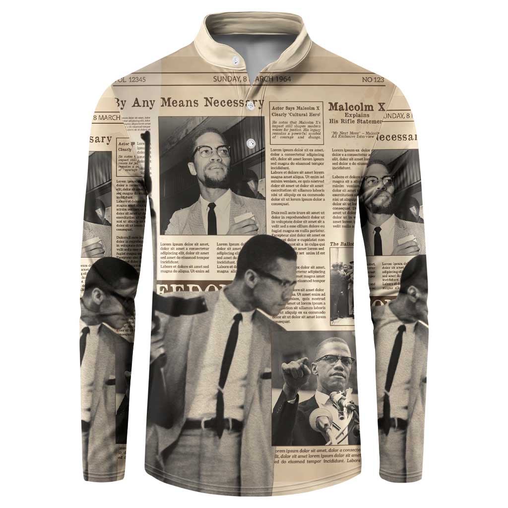 Malcolm X Button Sweatshirt Vintage Newspaper Print Style
