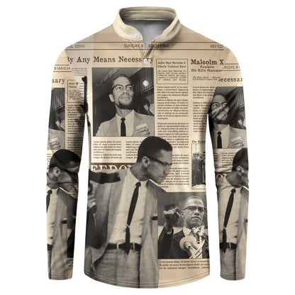 Malcolm X Button Sweatshirt Vintage Newspaper Print Style