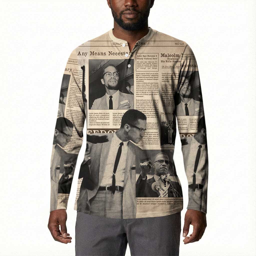 Malcolm X Button Sweatshirt Vintage Newspaper Print Style