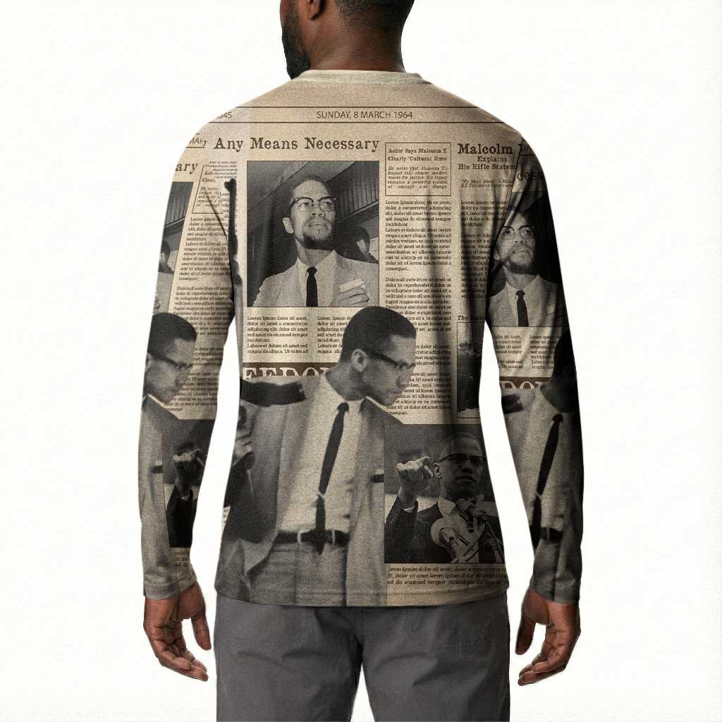 Malcolm X Button Sweatshirt Vintage Newspaper Print Style