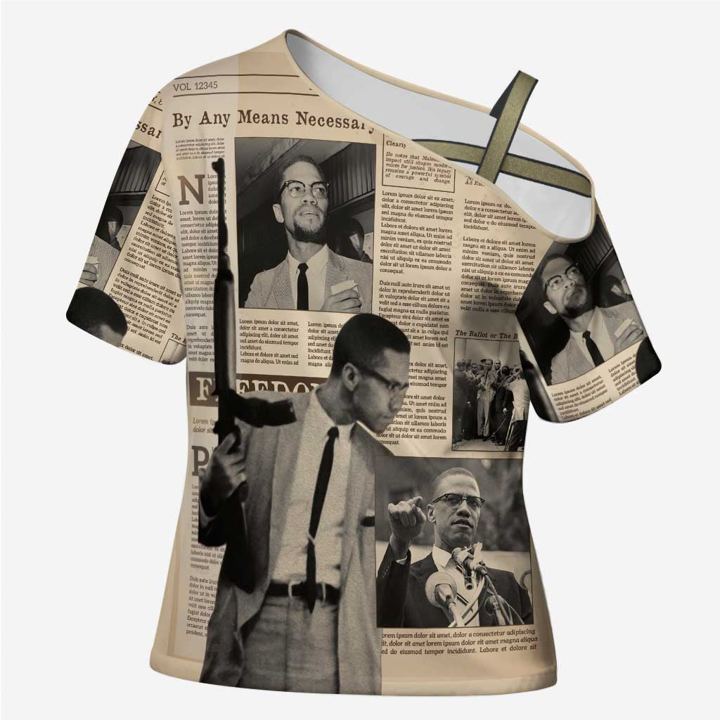Malcolm X Cross Shoulder Shirt Vintage Newspaper Print Style