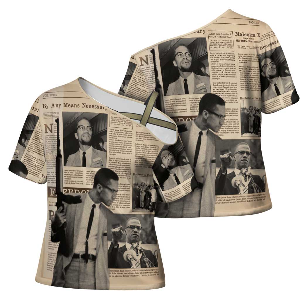 Malcolm X Cross Shoulder Shirt Vintage Newspaper Print Style