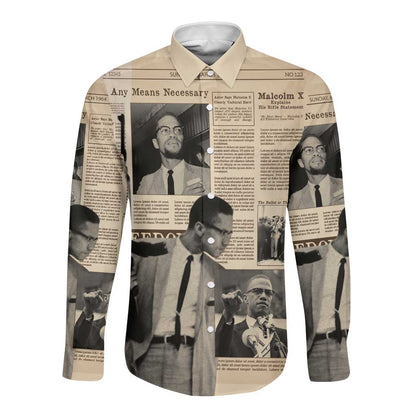 Malcolm X Vintage Newspaper Print Style Long Sleeve Button Shirt - African Pride