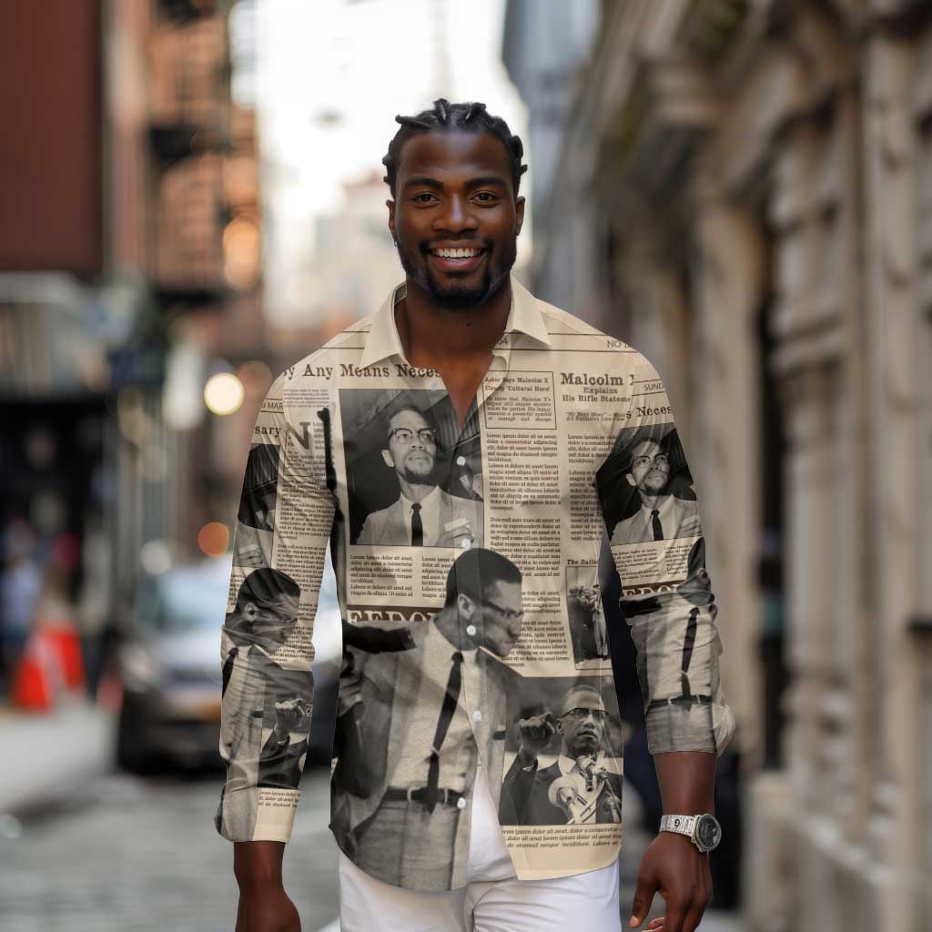 Malcolm X Vintage Newspaper Print Style Long Sleeve Button Shirt - African Pride